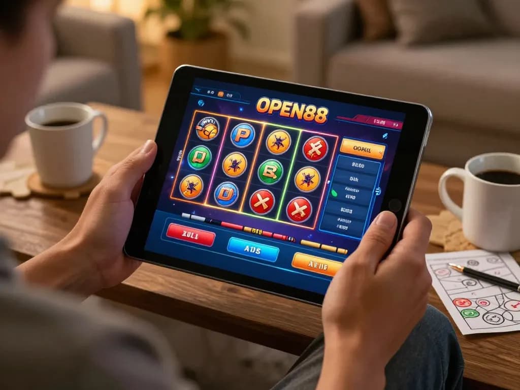 Open88 comfortable online gaming session with a user engaged in poker gameplay on a tablet and strategy notes.