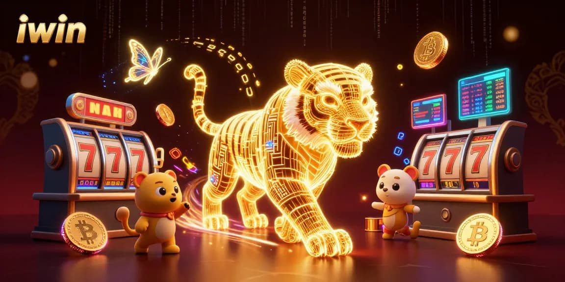 Play engaging casino games at iwin with a 3D golden tiger in a vibrant digital landscape.