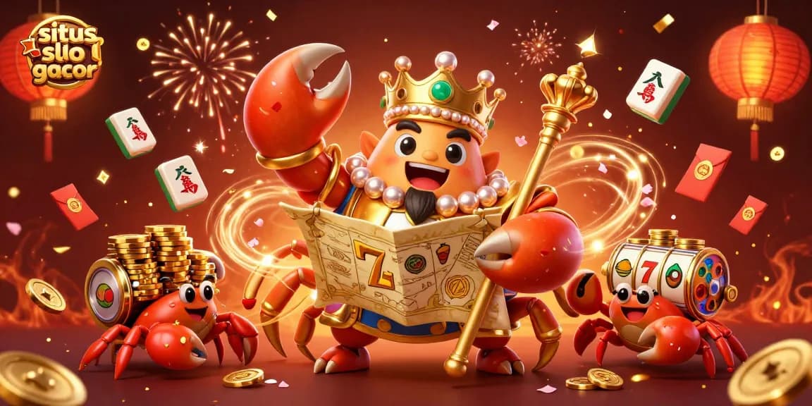 Permainan situs slot gacor menampilkan seekor kepiting emas raksasa dengan chip emas, simbol slot, dan dekorasi meriah.