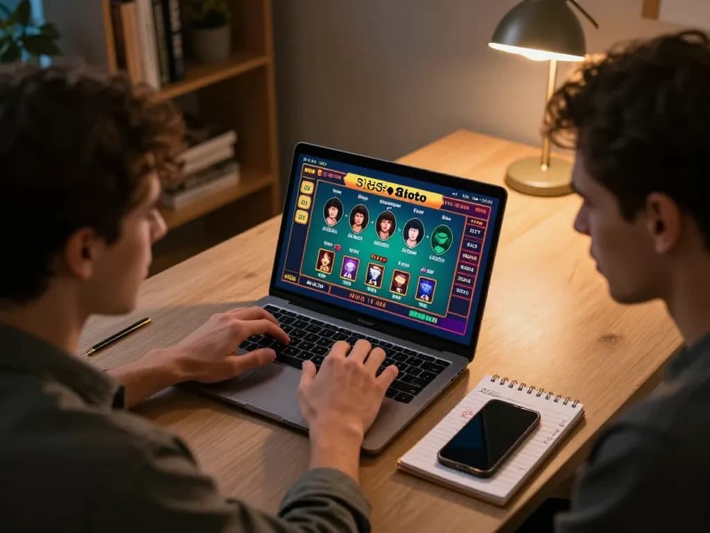 Sesi permainan online yang menarik menampilkan permainan situs toto di laptop, menunjukkan catatan strategi dan smartphone.