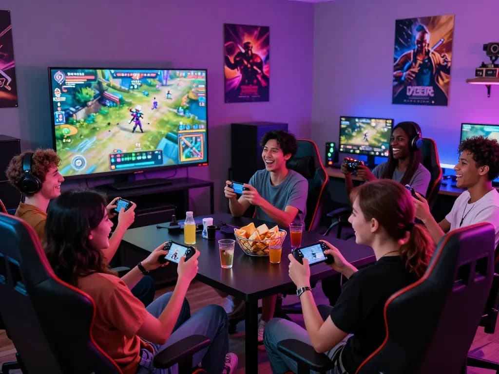 Group of friends enjoying an adult game night with vibrant atmosphere.