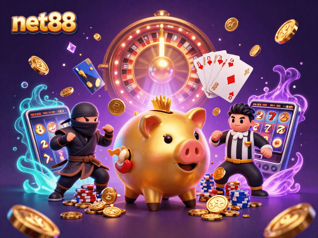 Watch the net88 golden sumo wrestler coin-stomp, triggering a cascade of coins at the casino!