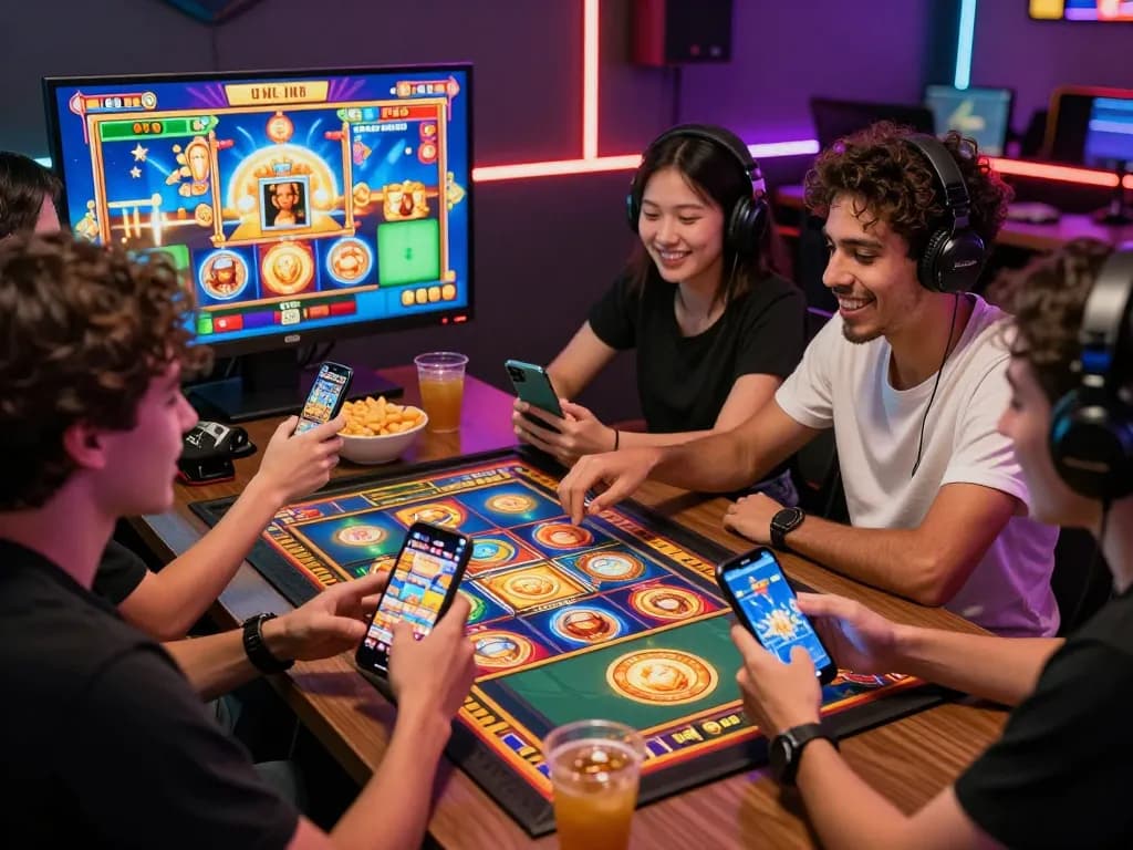 Group enjoying slot gacor games online with vibrant atmosphere and colorful screens