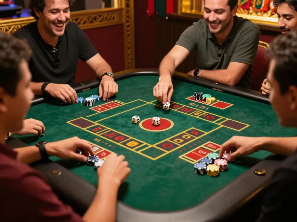 Engaged players enjoying ไฮโล with dice rolling and colorful chips on the table during a lively casino event.