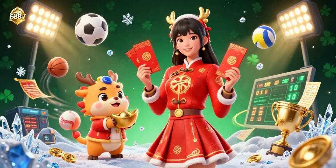 Get ready to win with 688v as a beautiful Asian woman in a Lunar New Year outfit celebrates with gaming riches.