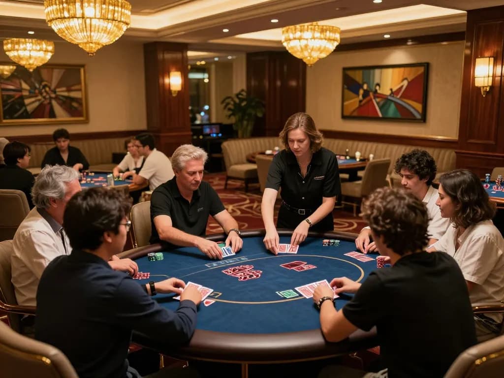 god55 players strategizing at an exclusive VIP poker table in an upscale casino.