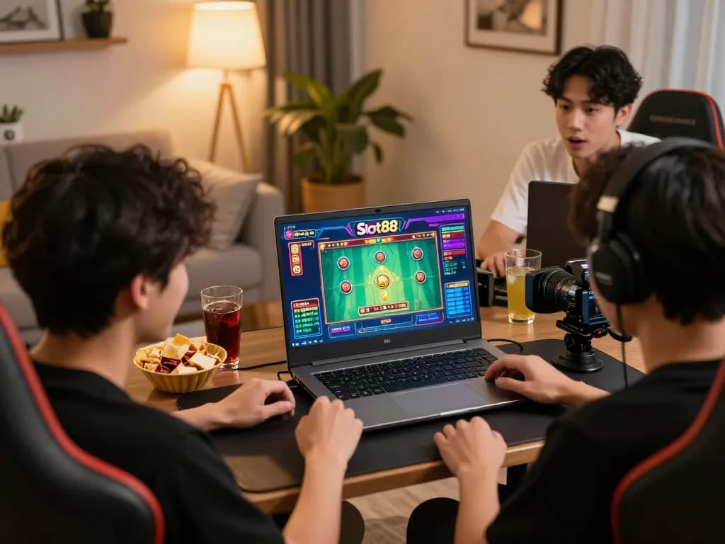 Engaging in Slot88 gameplay on laptop in a cozy home gaming setup, vibrant online slots interface visible.