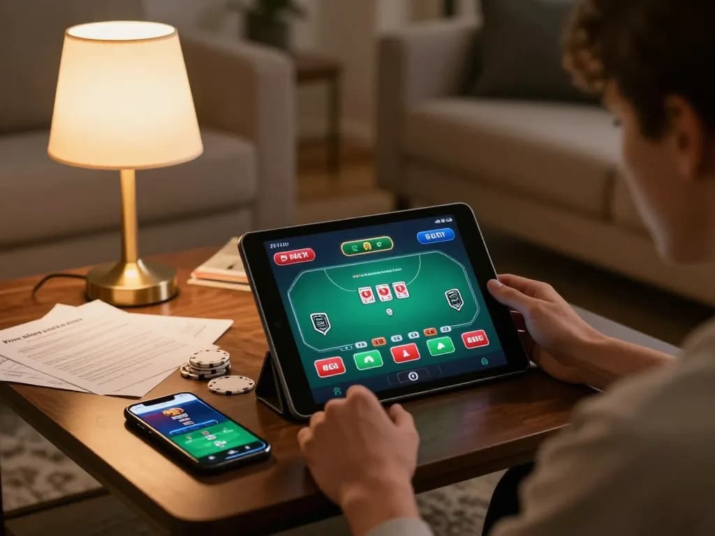 Playing poker on Open88 while enjoying a cozy home atmosphere with a tablet and notes.