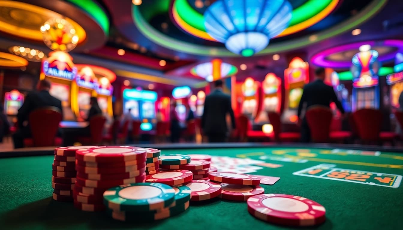 Experience w88cas.com with an energetic casino scene highlighting vibrant poker chips and cards.