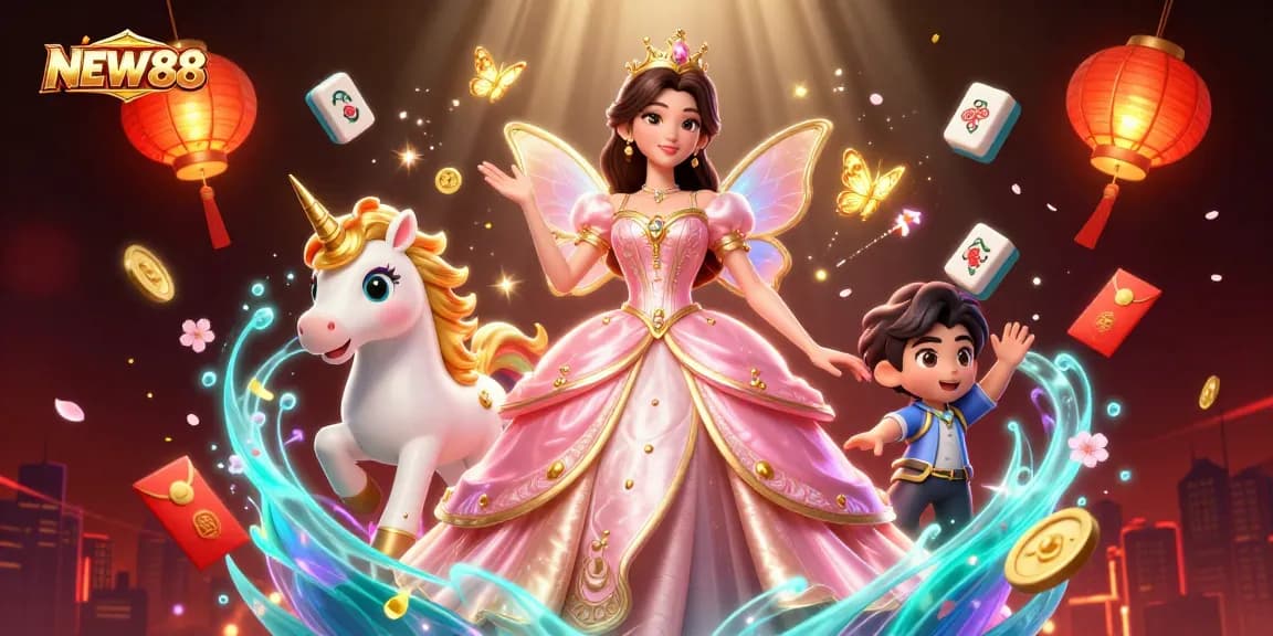 Engage with the enchanting NEW88 casino scene featuring a glamorous character with vivid game elements.