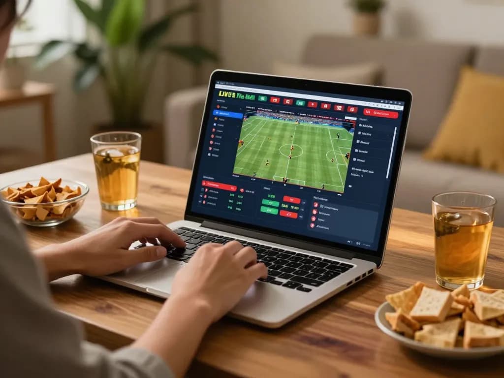 Engaging sports betting session at home using the tr88 link on a laptop with live updates.