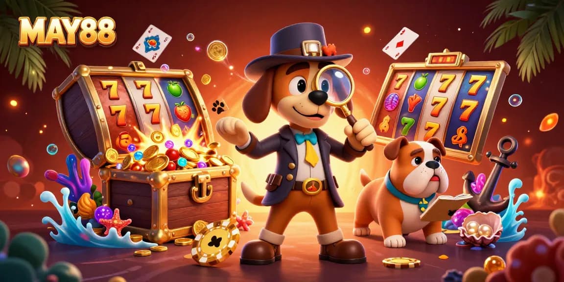 MAY88 slots and poker scene featuring a detective examining clues and treasure with vibrant casino elements.