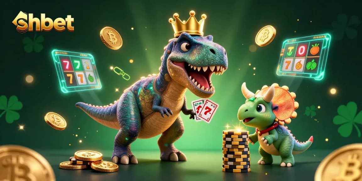 Engage in thrilling shbet casino fun with a T-Rex shuffling cards, surrounded by glowing crypto coins.