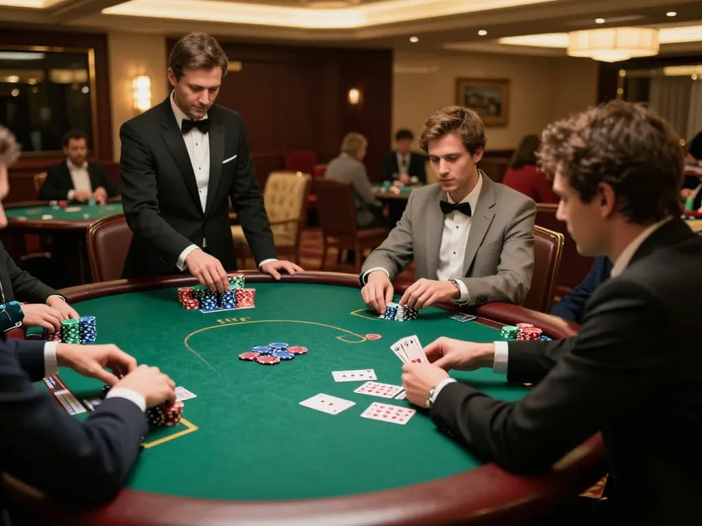 Pemain yang terlibat di meja poker MPO777, menampilkan permainan strategis di lingkungan kasino yang hidup.