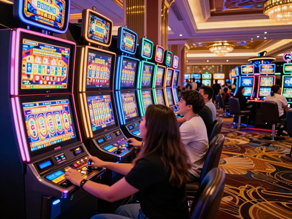 Engaging moment at the slot machines showcasing luckyindex with players enjoying vibrant gameplay action