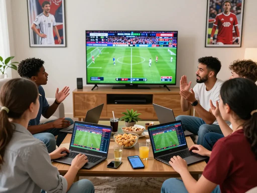 Kumpulan teman yang dengan bersemangat membahas taruhan sbobet piala dunia 2026 di ruang tamu yang ramai