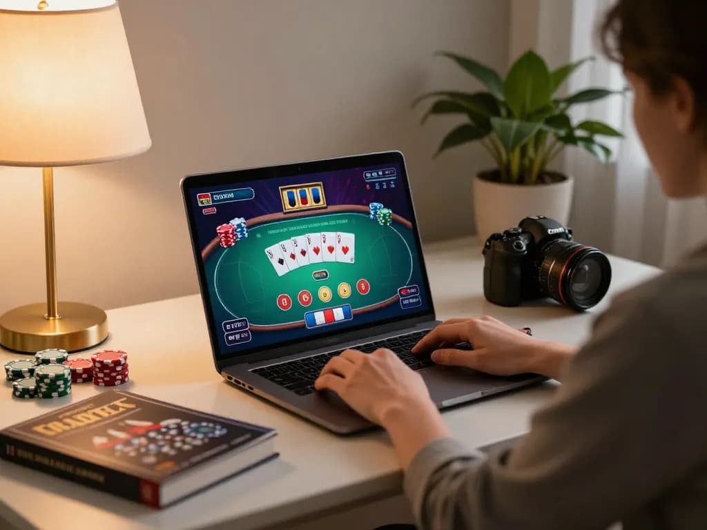 Engaging online gambling session at home with 789win poker interface visible on laptop.