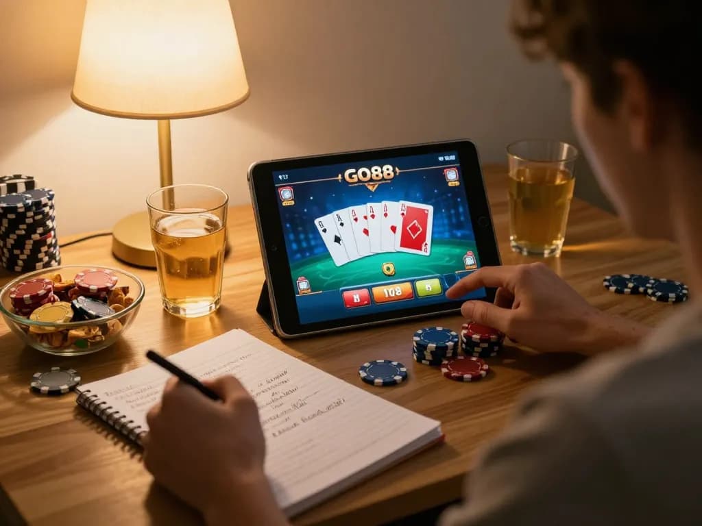 Engaging online gaming session on GO88 platform with a player using a tablet in a cozy home setting.