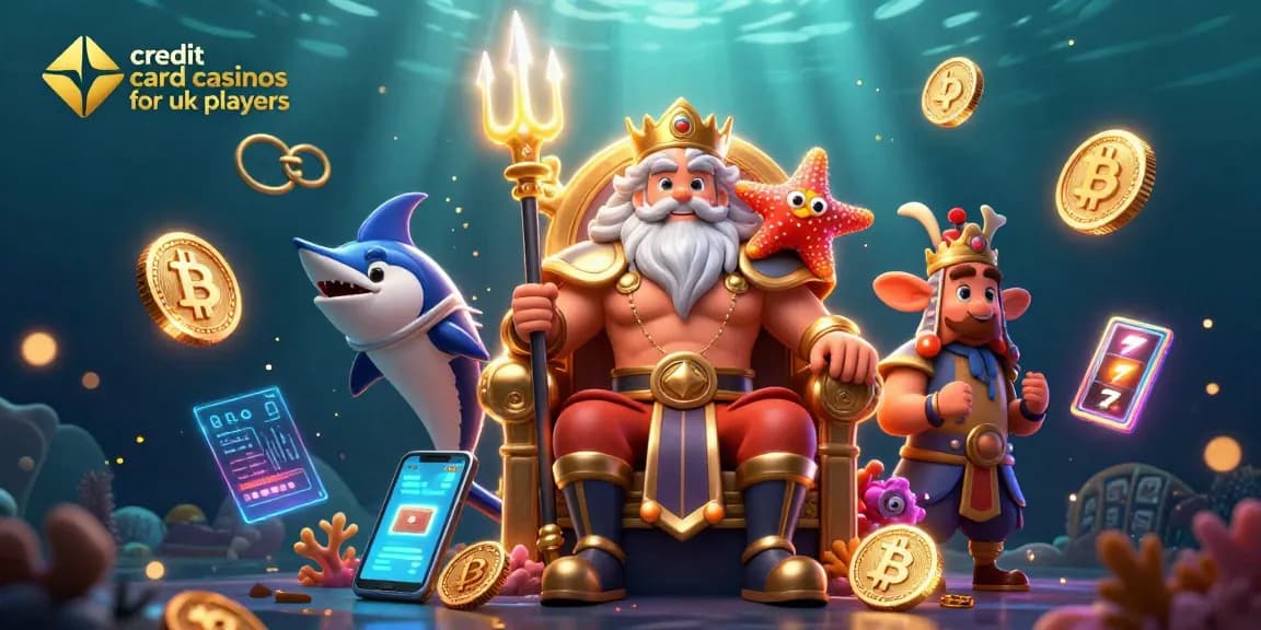 Experience the excitement of credit card casinos for UK players with a vibrant underwater scene filled with neon coins and slot equipment.