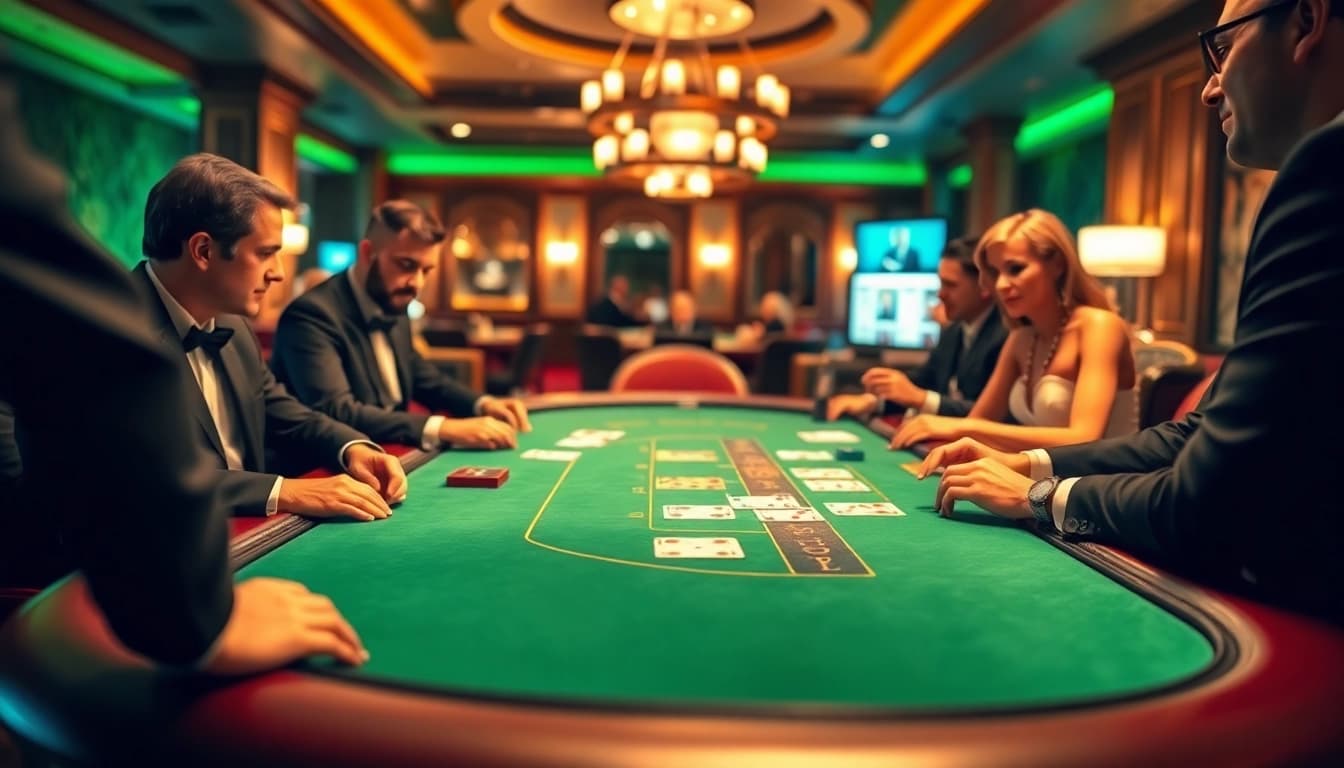 Engaged players enjoying a blackjack game at a vibrant Blackjack Casino, showcasing excitement and strategy.