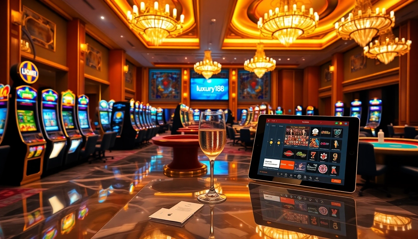 Experience the excitement of luxury138 with a vibrant casino scene featuring luxurious gaming tables and slot machines.