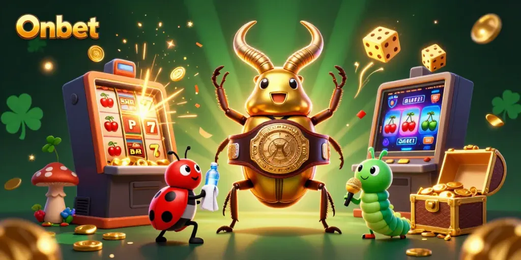 Experience thrilling wins with Onbet in a vibrant casino illustration featuring epic characters and gaming elements.