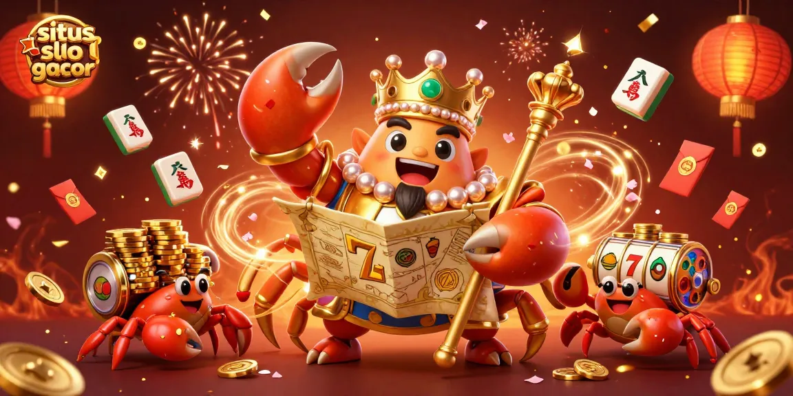 Permainan situs slot gacor menampilkan seekor kepiting emas raksasa dengan chip emas, simbol slot, dan dekorasi meriah.