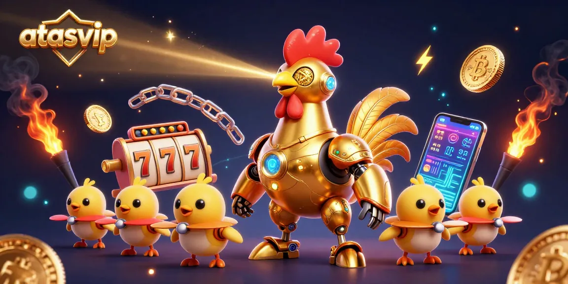 Engage with atasvip's thrilling slot game adventure featuring a retro-futuristic golden rooster robot.