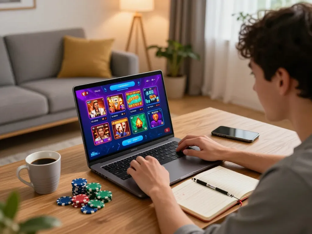Engaging scene of nhà cái cm88 gameplay on a laptop at home, with colorful app content and cozy environment.