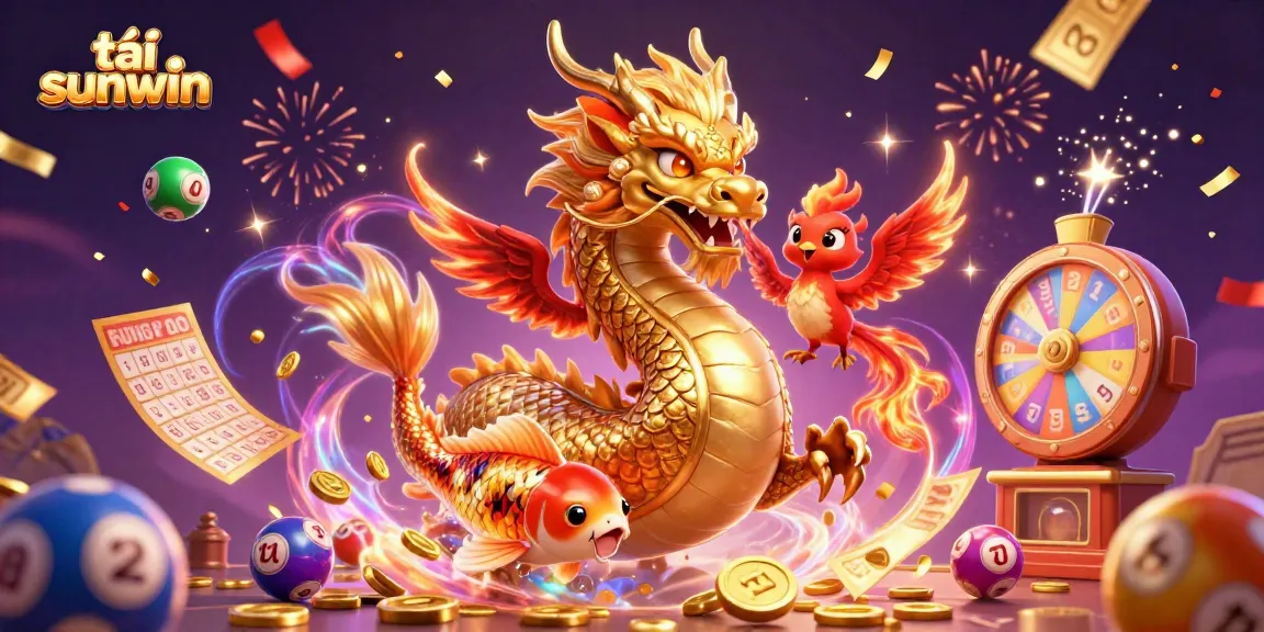 Experience the excitement of tải sunwin with a vibrant illustration featuring a dragon, phoenix, and koi fish.