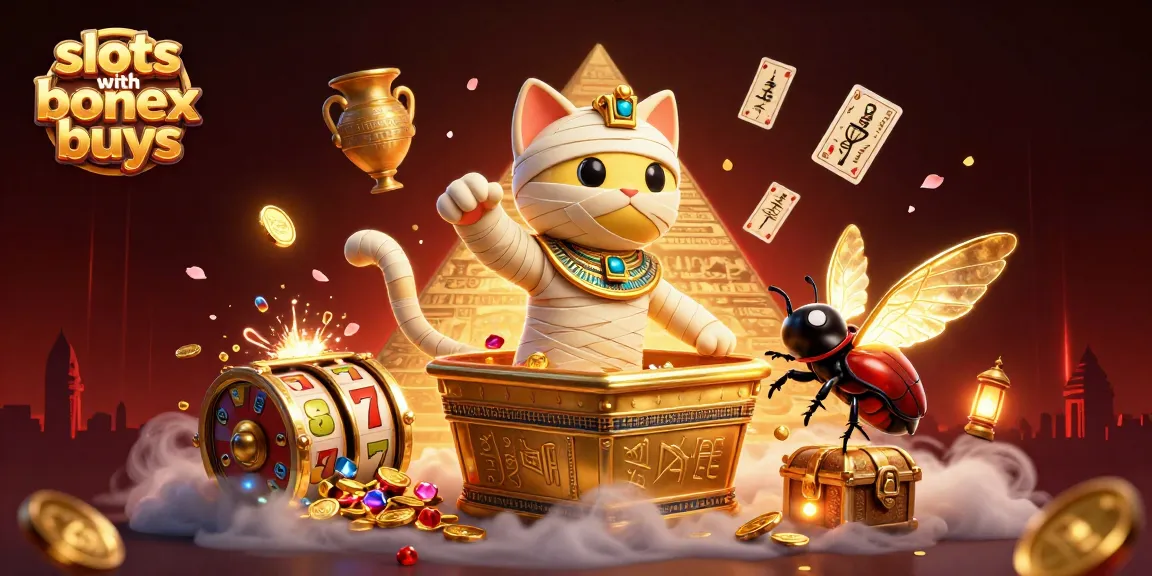 Experience the thrill of slots with bonus buys featuring Egyptian mummy characters and gold treasures in a vibrant casino.