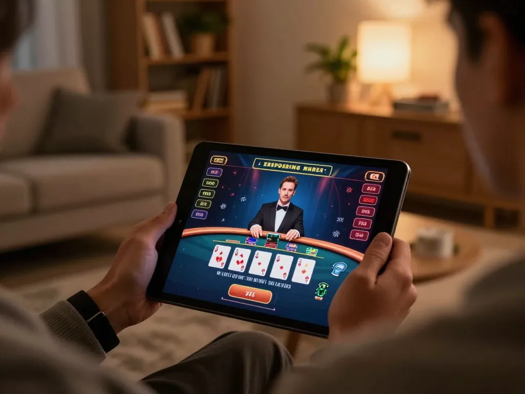 Player engaging in online blackjack on tablet at home, showcasing strategic gameplay and immersion in the tr88 experience