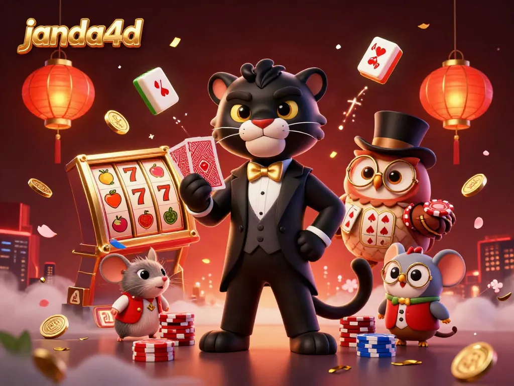 Slot permainan janda4d menampilkan panther, burung hantu, dan tikus beruntung di suasana meriah.