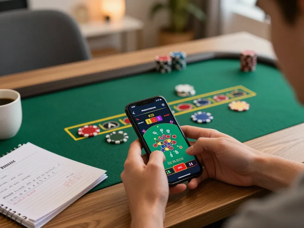 Player enjoying a live dealer blackjack game on smartphone, focusing on strategic gameplay with tr88 interface