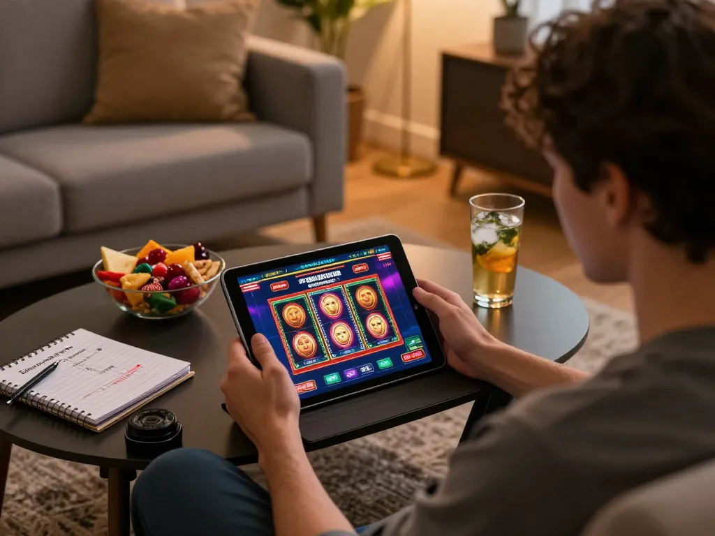 Engaging online gambling scene showcasing casinos not on gamstop, person using tablet for casino gameplay.