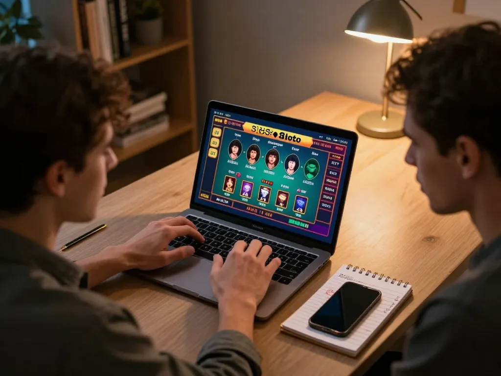 Sesi permainan online yang menarik menampilkan permainan situs toto di laptop, menunjukkan catatan strategi dan smartphone.