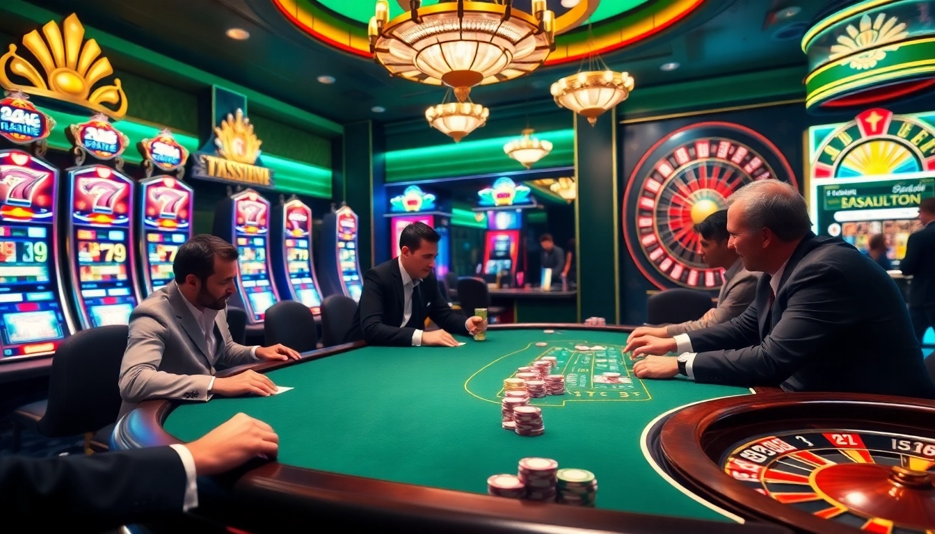 A vibrant casino poker scene showcasing strategic gameplay related to depo 25 + bonus 29 with rich decor and engaged players.