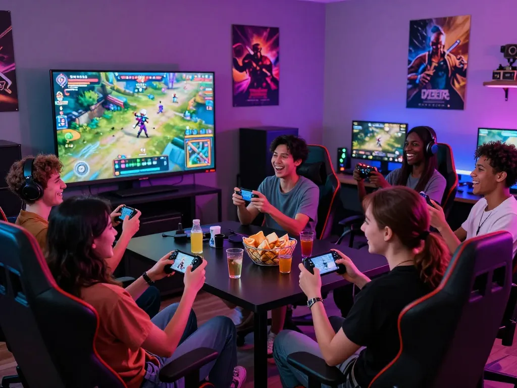 Group of friends enjoying an adult game night with vibrant atmosphere.