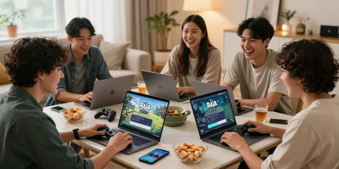 Friends engaging with Raja Game login on laptops and smartphones in a cozy living room, showcasing social gaming.