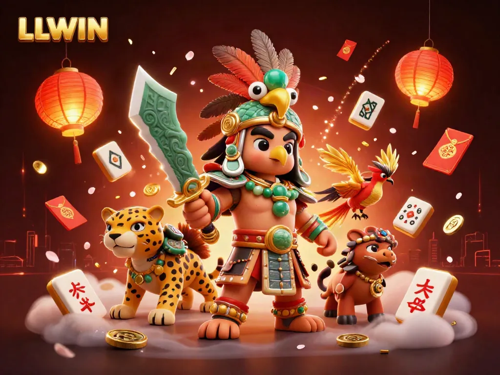 Experience the excitement of LLWIN with a vibrant 3D scene of an Aztec warrior and dynamic casino elements.