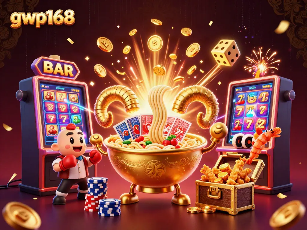 GWP168 bermain di kasino dengan simbol slot menang dan suasana meriah