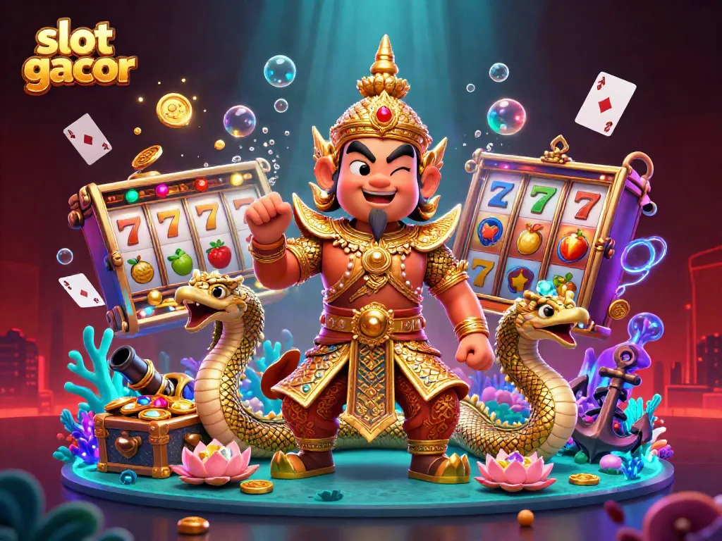Gambar slot gacor yang menggambarkan penjaga kuil dengan naga, simbol slot, dan harta karun di latar belakang yang berpendar.