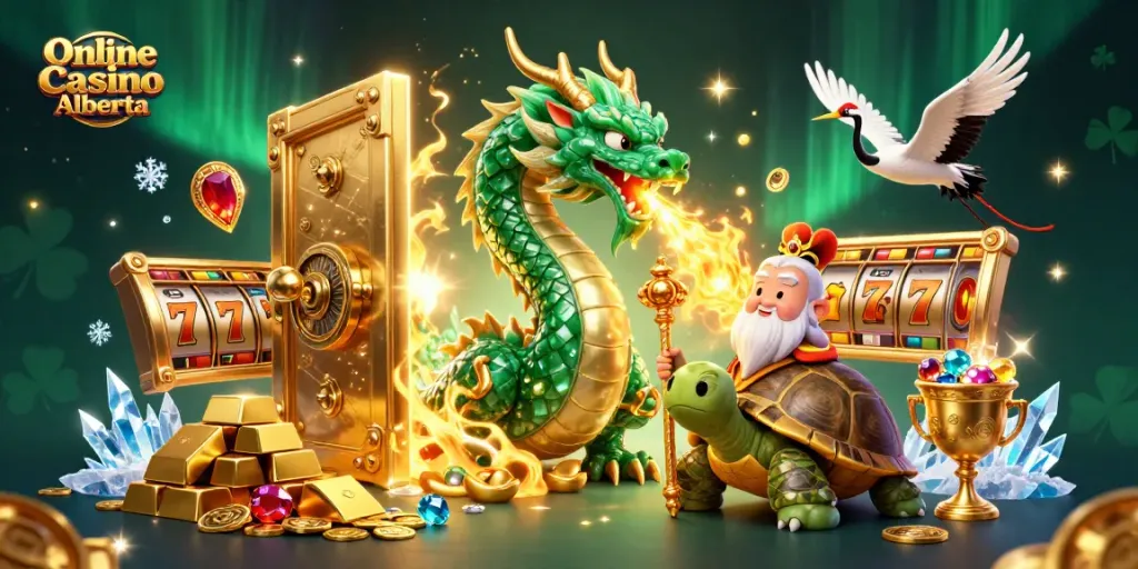 Engage with Online Casino Alberta's vibrant 3D illustration of a jade dragon, wise turtle, and lucky cranes amidst casino riches.