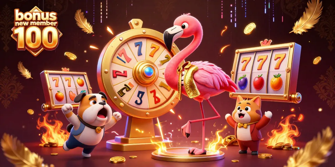 Spin to win with the bonus new member 100, featuring an exciting game show scene and vibrant 3D characters.