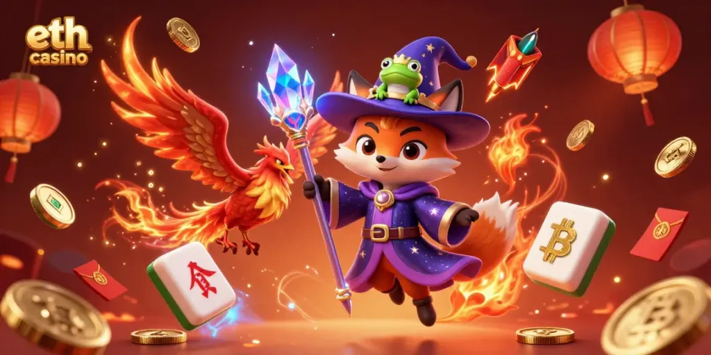 Experience the thrill of eth casino with dynamic characters and vibrant game elements in a stunning 3D illustration.