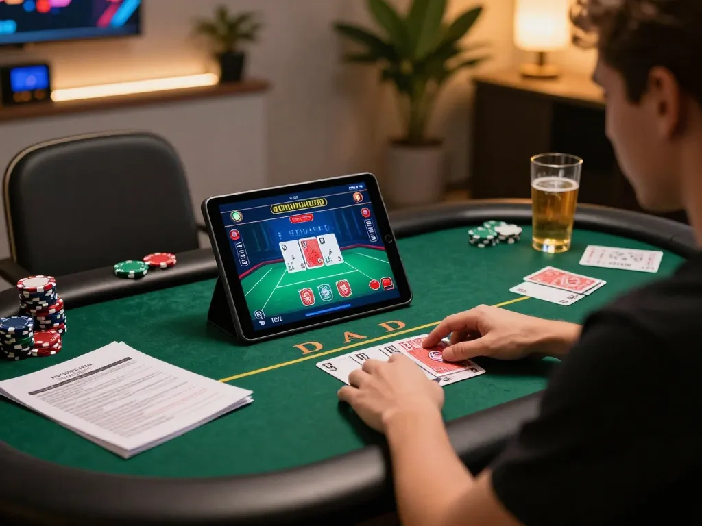 Engaging in a poker game on okfun tablet, highlighting strategic gameplay and cozy atmosphere.