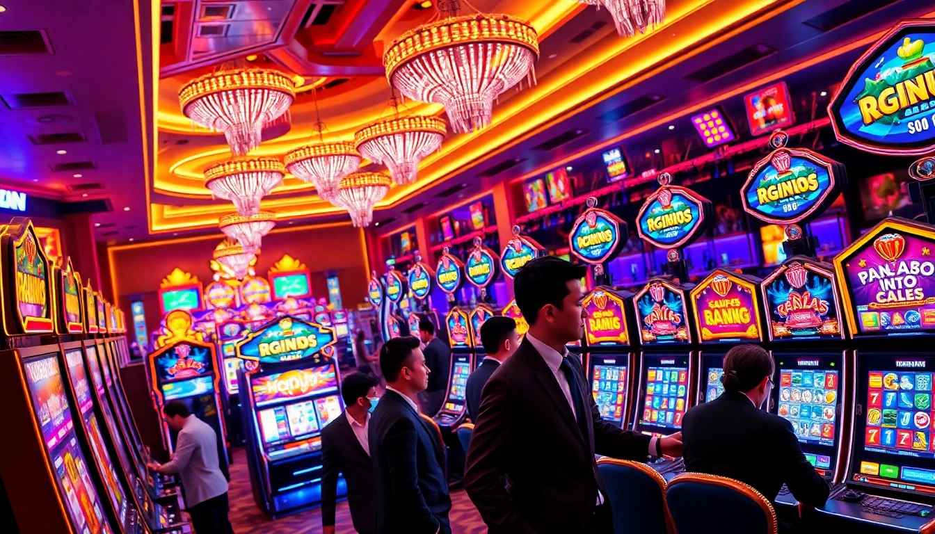 Engaging players at the slot machines featuring slot api raja 88 in a luxurious casino setting.