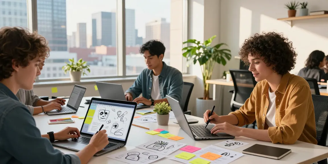 Creative team brainstorming 'spicy ai' concepts in a modern coworking space with digital tools.
