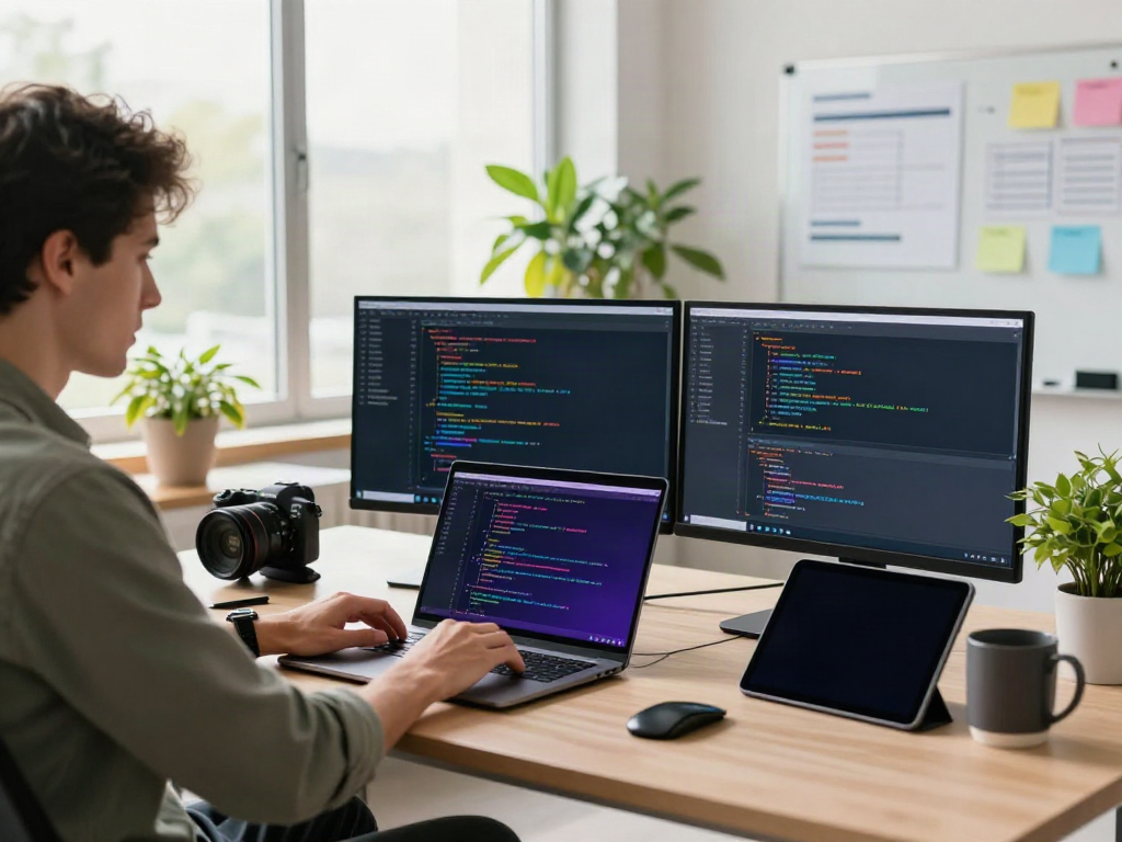 A80 information platform: Developer coding in modern workspace with dual monitors and tech gadgets.