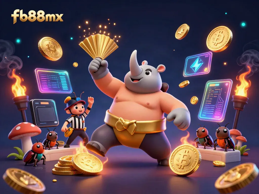Experience the dynamic world of fb88mx with a thrilling 3D scene featuring a sumo beetle champion and crypto elements.